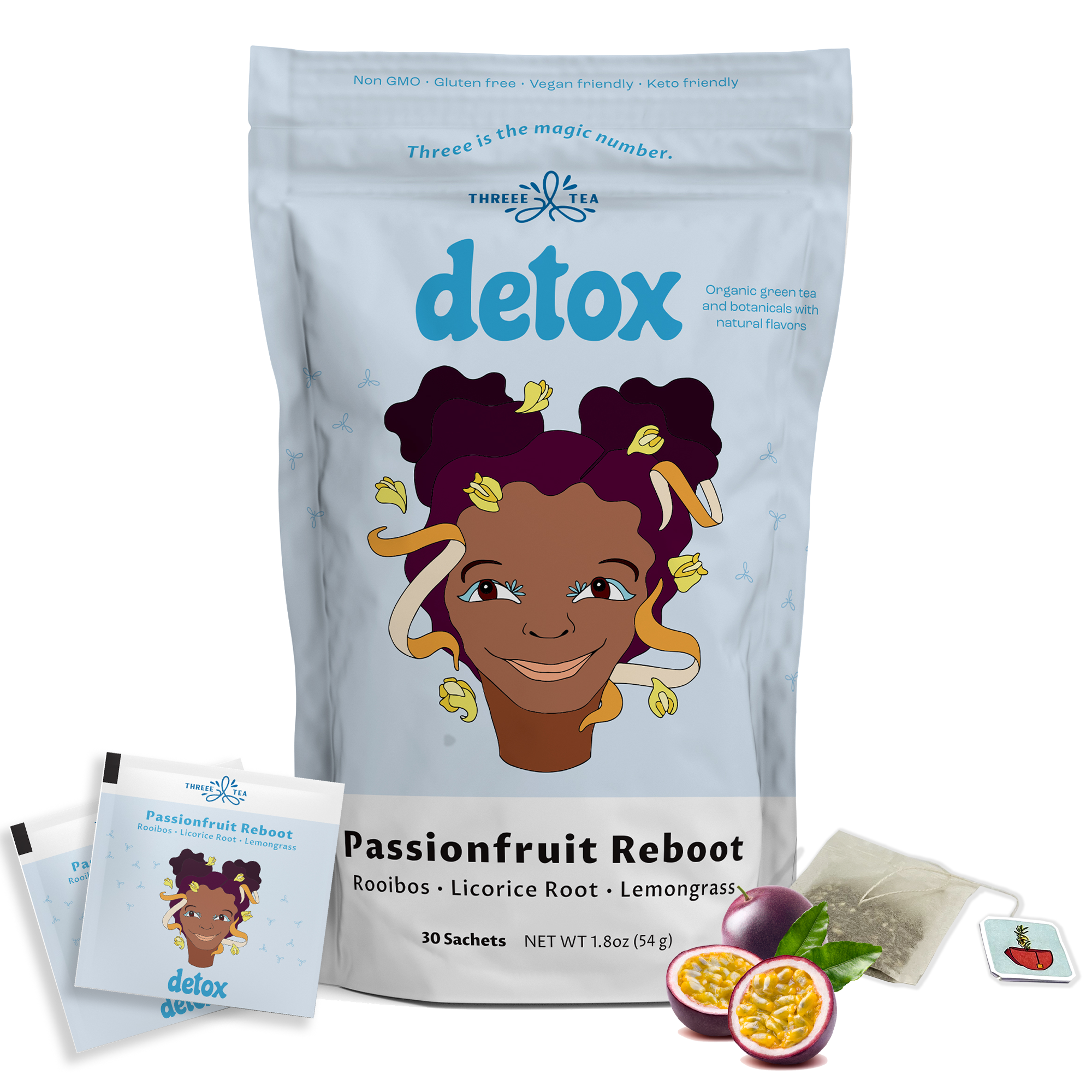 THREEE Detox Tea for Body Cleanse, Passionfruit Flavored Tea Detox