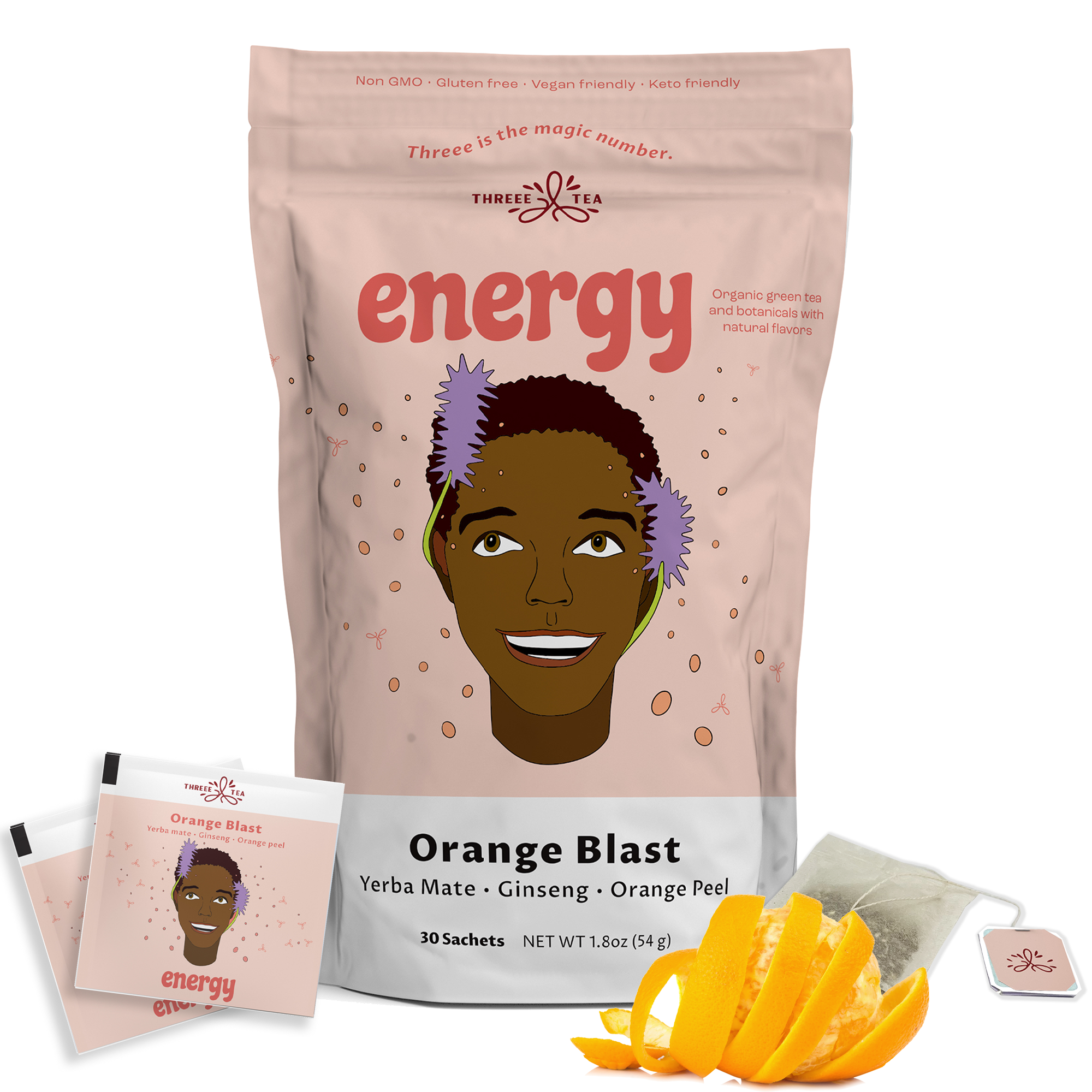 THREEE Energy Tea - Orange Blast Flavor, Natural Green Tea, 30 Tea