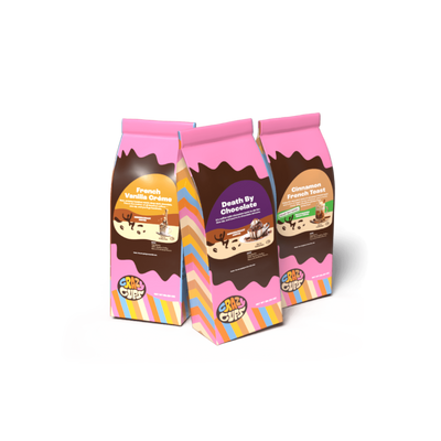 and image of 3 crazy cups coffee bags standing toegether