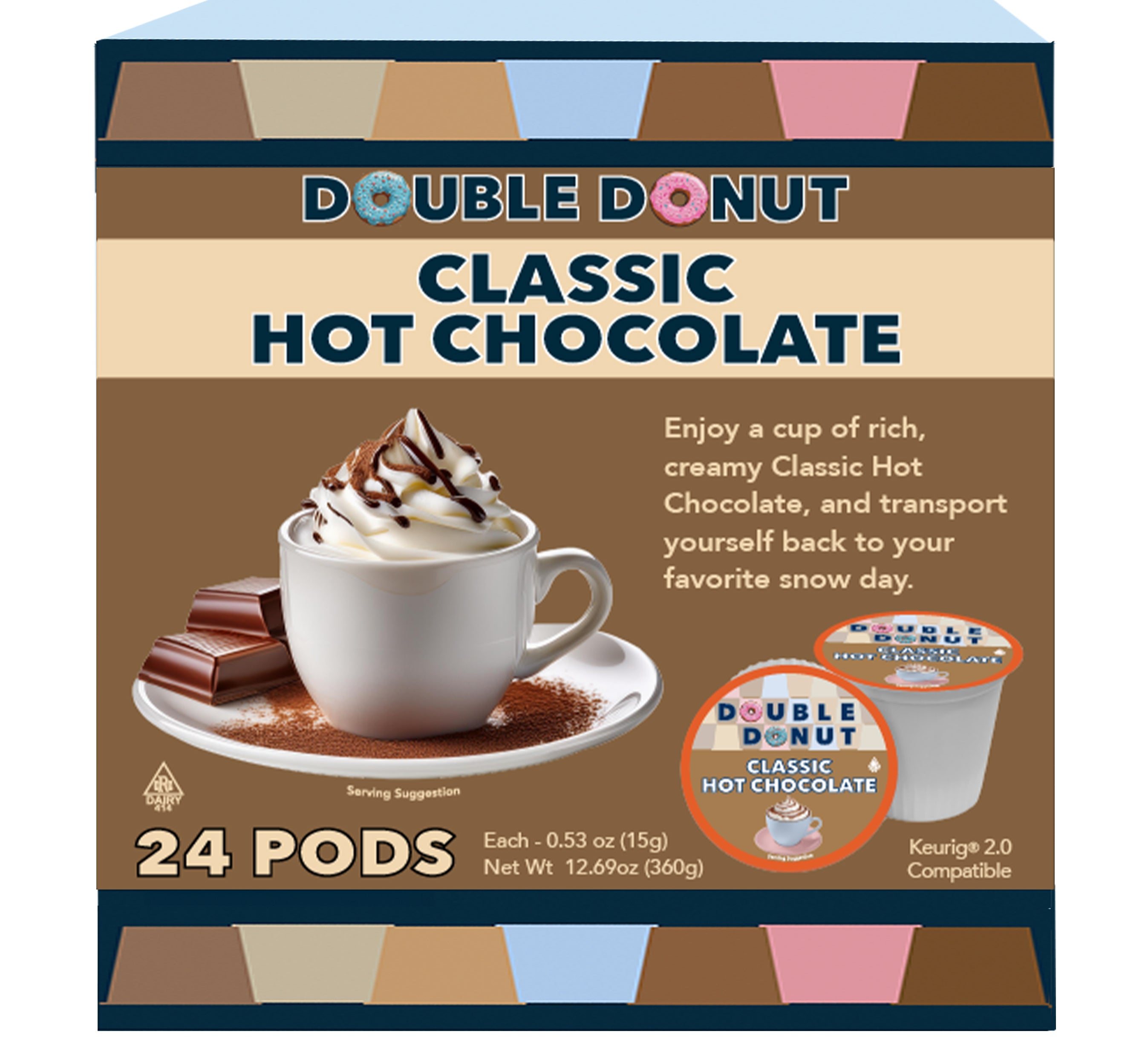 Double Donut Classic Hot Chocolate Coffee Pods for Keurig K Cups Brewers Crazy Cups