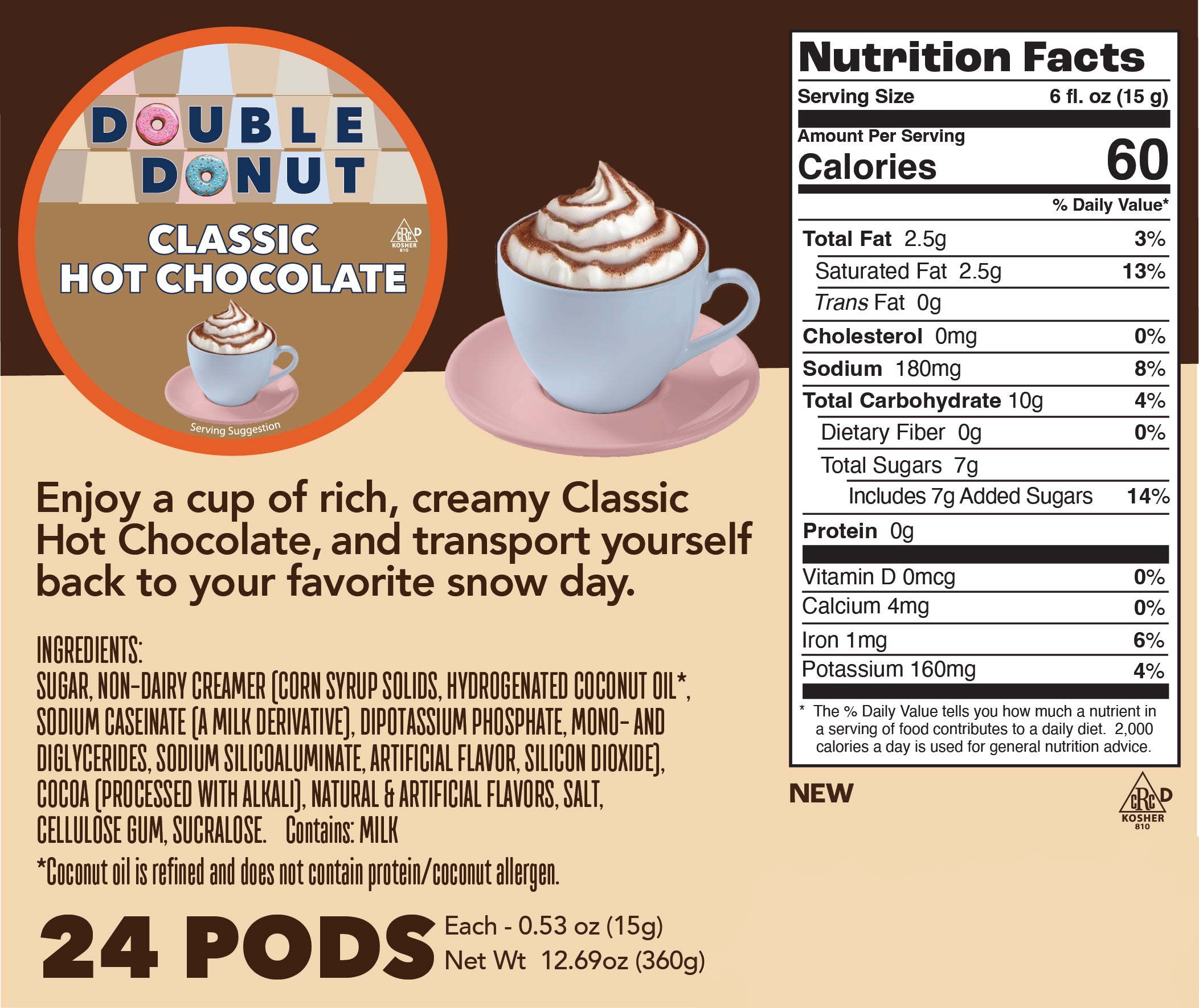 Double Donut Classic Hot Chocolate Coffee Pods for Keurig K Cups