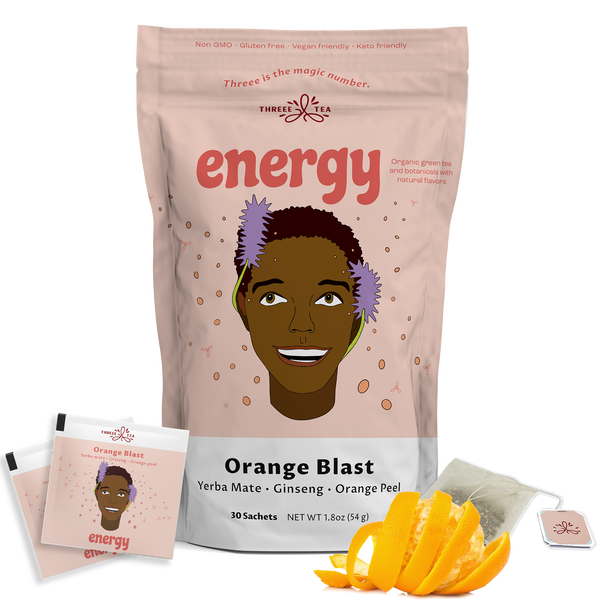 THREEE Energy Tea - Orange Blast Flavor, Natural Green Tea, 30 Tea