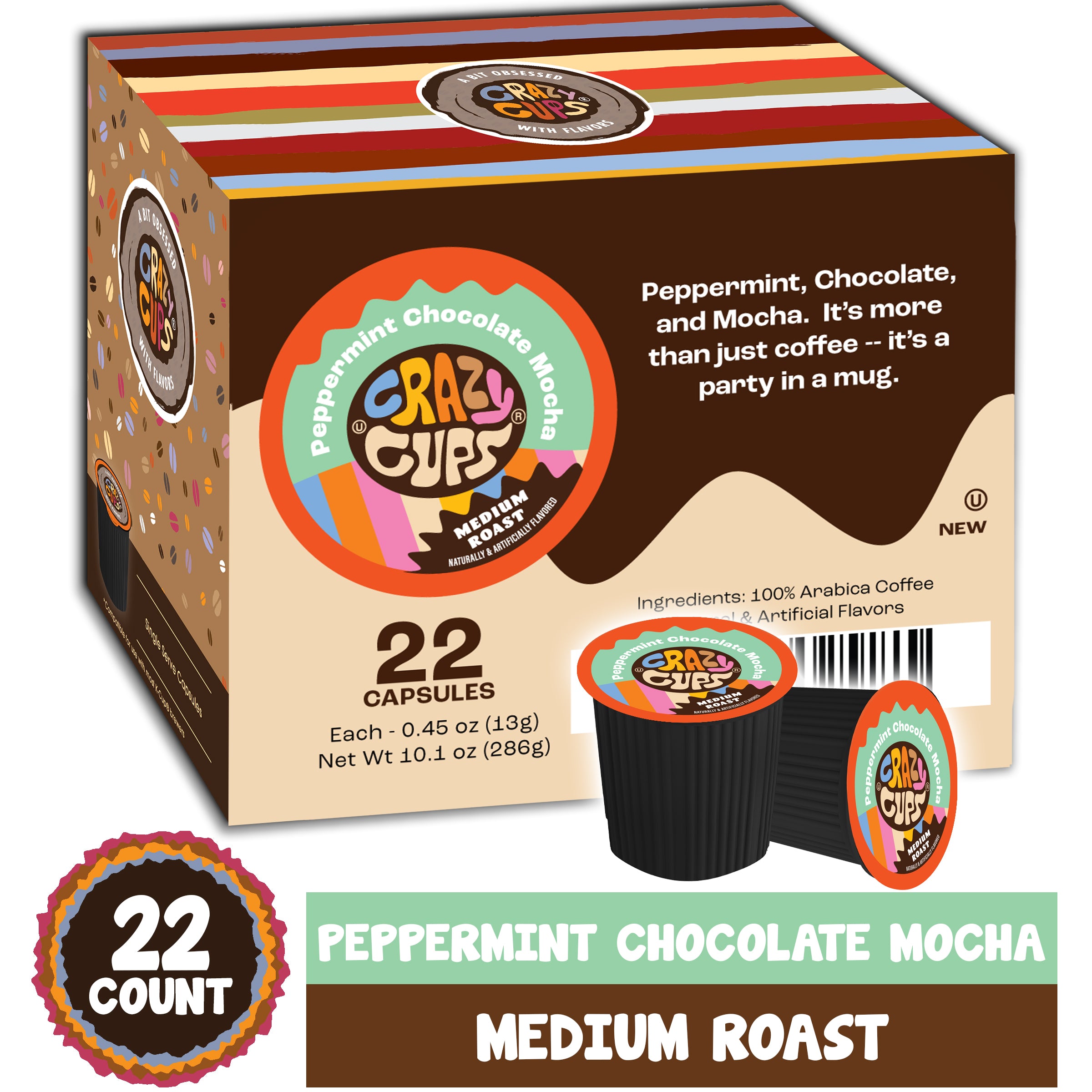 Crazy Cups Peppermint Chocolate Mocha Flavored Coffee Pods 22 Pods