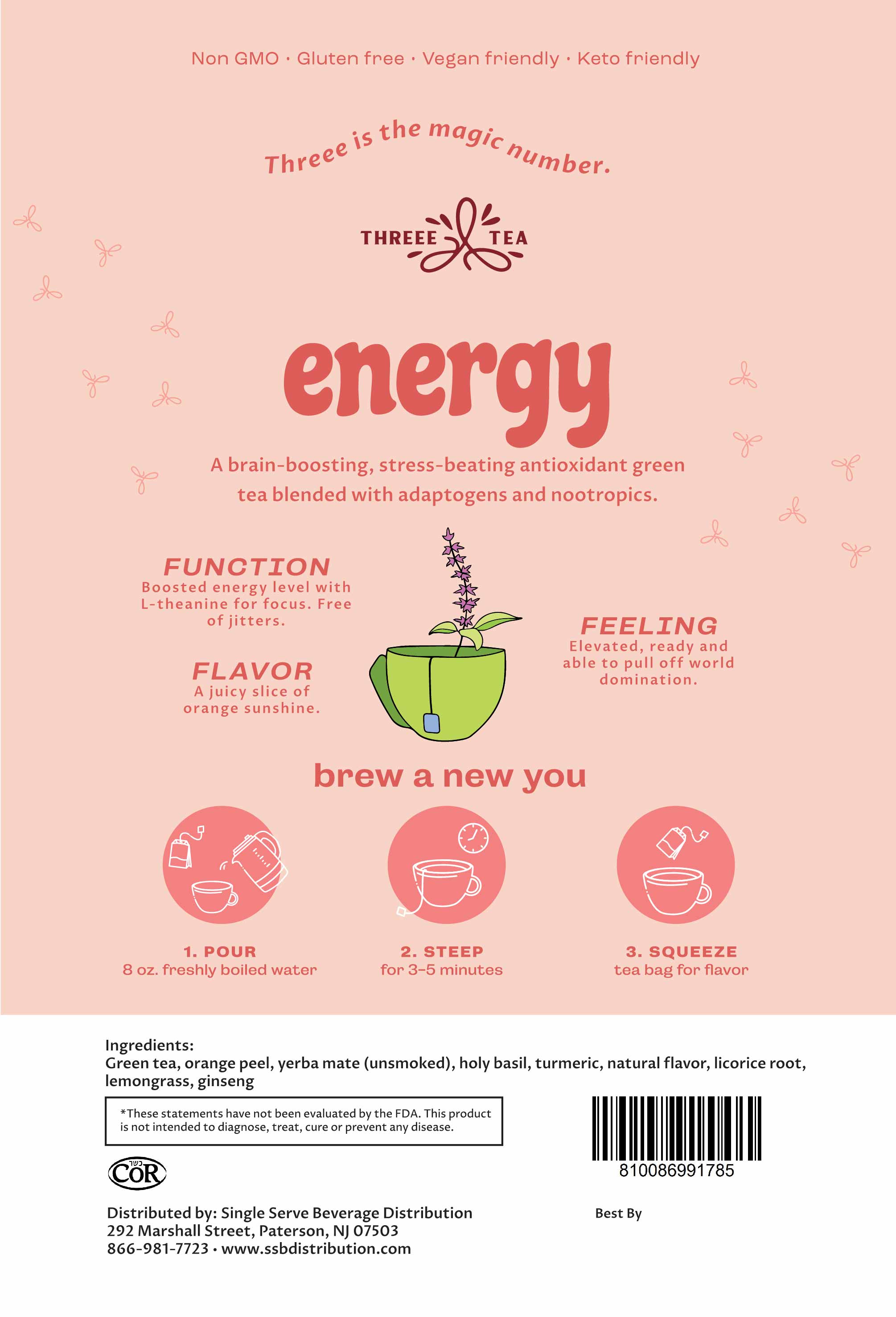 THREEE Energy Tea - Orange Blast Flavor, Natural Green Tea, 30 Tea